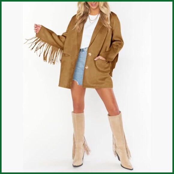 Faux Suede Fringe Blazer Jacket with Lapel Collar Button Front - Picture 4 of 7